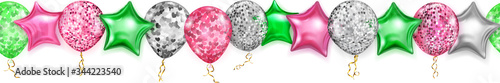 Banner with shiny balloons in red, silver and green colors, round and in the shape of stars, with ribbons and shadows, on white background, with horizontal seamless repetition