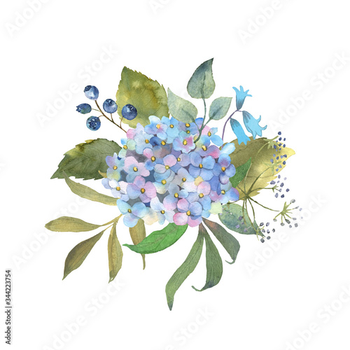 Floral watercolor set with blue hydrange. Botanical arrangements with flowers and leaves. Great for printing on fabric, banners, invitations and cards. Vector.
