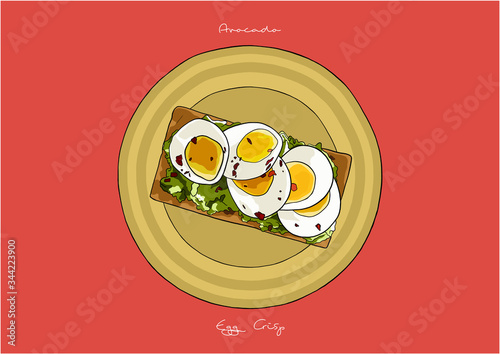 Vector Illustration of smashed Avocado Crisp Toast with boiled Egg