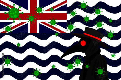 Black plague doctor surrounded by viruses with copy space with BRITISH INDIAN OCEAN TERRITORY flag.