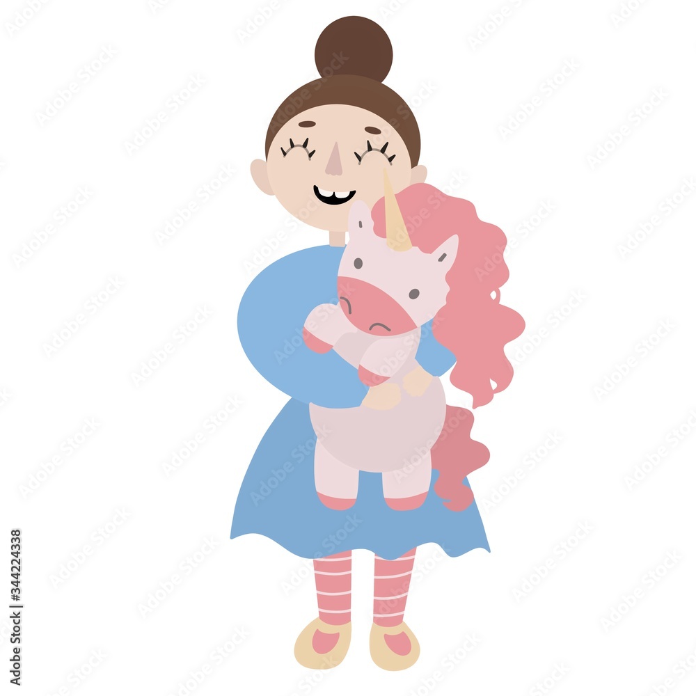 Fototapeta premium happy cheerful girl holding toy unicorn. smiling beautiful girl wearing blue dress. children illustration for greeting card, calendar or book. wallpaper design. textile print for girls