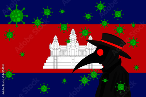 Black plague doctor surrounded by viruses with copy space with CAMBODIA flag.