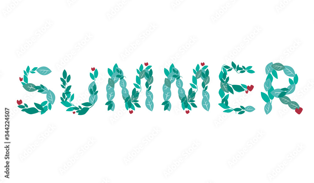 Lettering or font with text summer for print in the Bullet Journal or diary, vector stock illustration with letters from the leaves isolated on a white background for design Lettering or font with text summer for print in the Bullet Journal or diary, vector stock illustration with letters from the leaves isolated on a white background for design