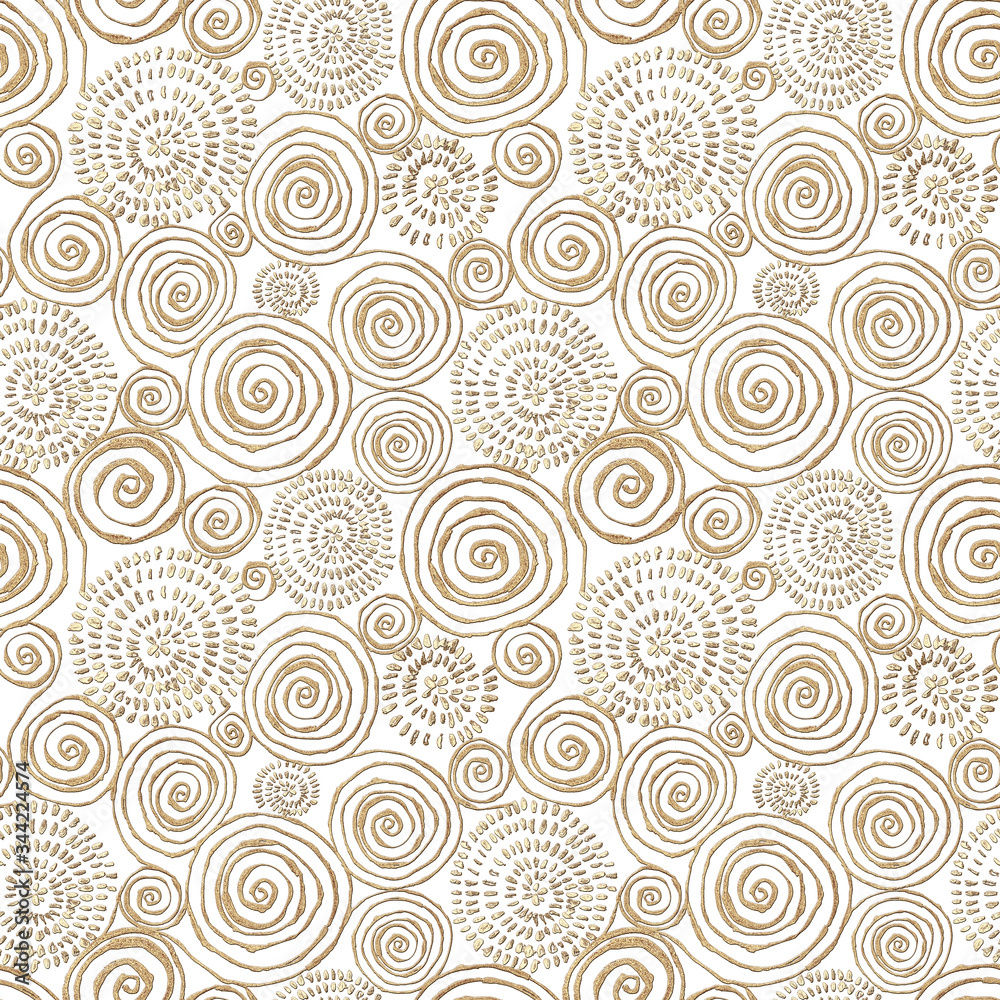 Abstract seamless pattern with golden glittering acrylic paint round spiral circles on white background Abstract seamless pattern with golden glittering acrylic paint round spiral circles on white background
