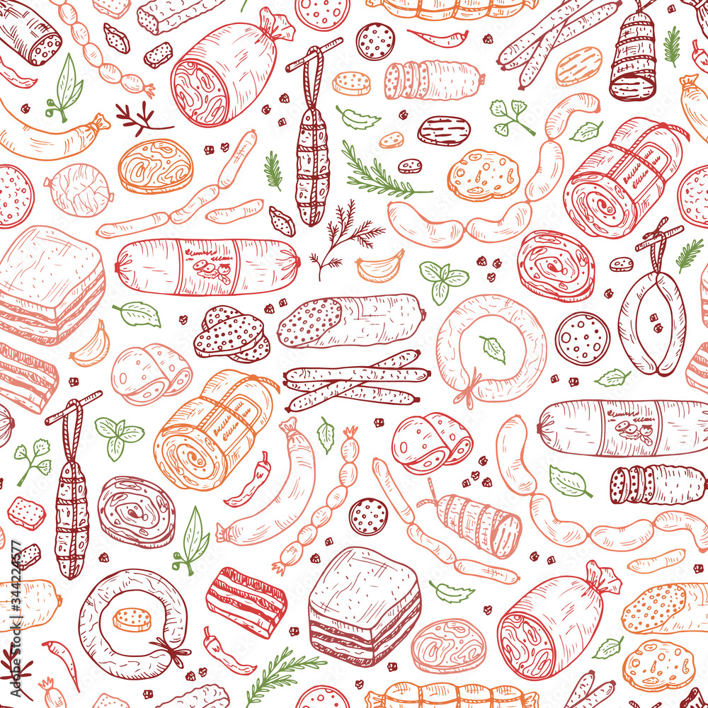 Food. Sausages Seamless pattern. Hand drawn doodle Meat products: Ready sausage, bacon, sliced saveloy, sausage, spicy pepperoni, smoked sausages, stick of salami, baked meatloaf, frankfurters