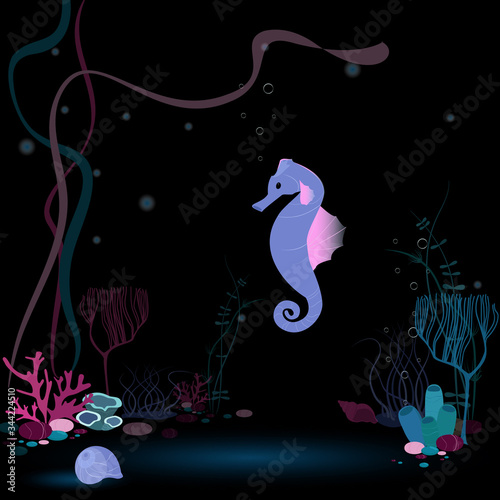 Flat cartoon style illustration. The dark underwater scene with plants  corals and magic seahorse.