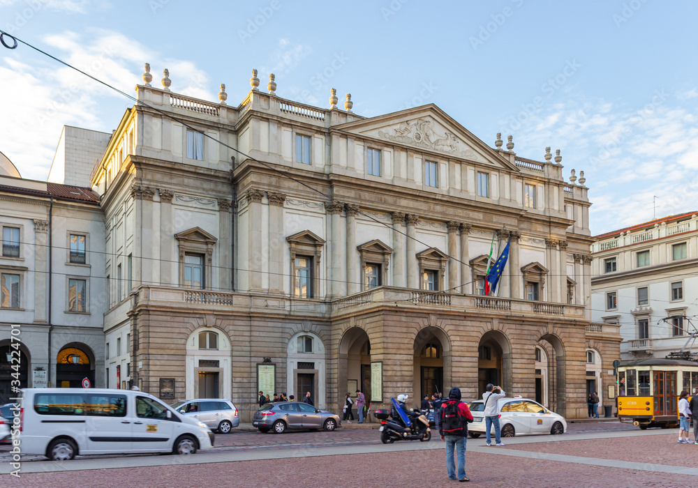 The Teatro alla Scala building - lavish, 18th-century theater, famous for Italian opera and ballets, with a museum and music library in Milan city, Italy