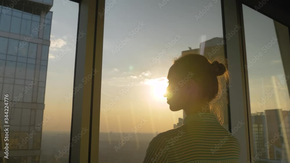 Success, opportunity, sightseeing, discover, corporate and future concept. Back view of woman silhouette looking at cityscape through window of skyscraper. Summer time, sunset, sun lens flare