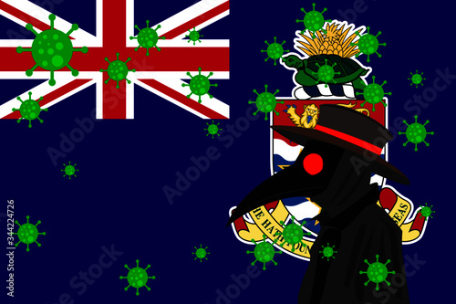 Black plague doctor surrounded by viruses with copy space with CAYMAN ISLANDS flag.