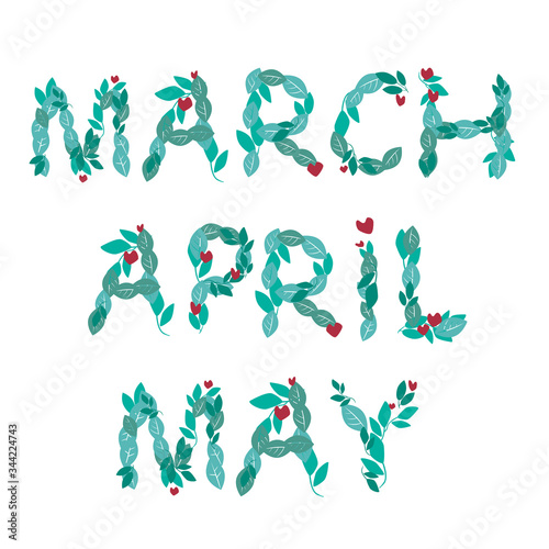 Set with text March, April, May for the designation of springtime in the Bullet Journal or diary, vector stock illustration with letters from the leaves