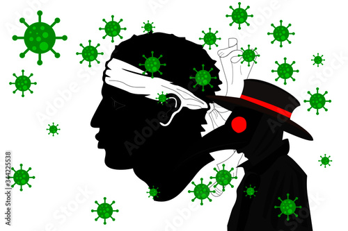 Black plague doctor surrounded by viruses with copy space with CORSICA flag.