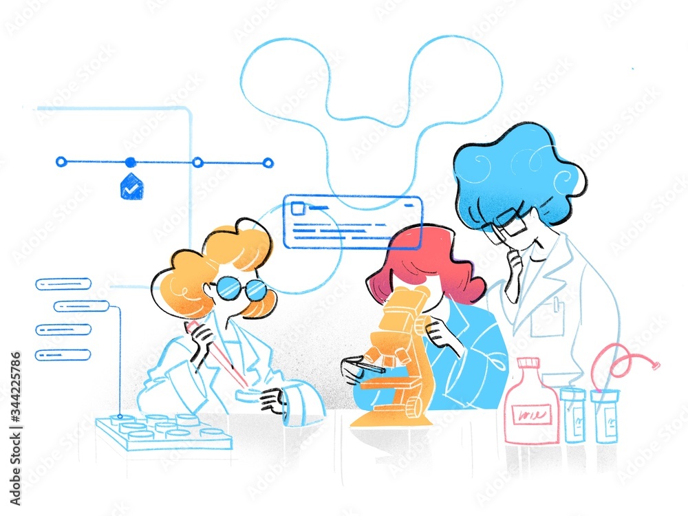 Scienziati che lavorano nel laboratorio con microscopio e la pipetta