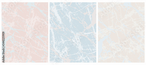 Set o 3 Abstract Geometric Layouts. Irregular Hand Drawn Scribbles on Blue, Pale Pink and Light Gray Backgrounds. Funny Simple Creative Design. Marble Effect Backgrounds. No Text.