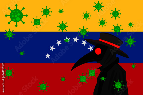 Black plague doctor surrounded by viruses with copy space with VENEZUELA flag.