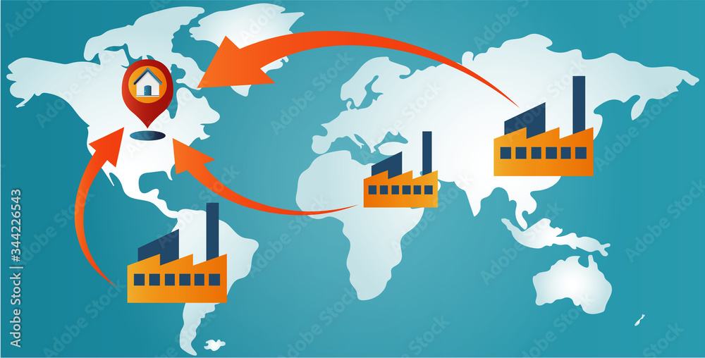 Reshoring concept. Factories companies come home. Increased protectionism. Local production self-sufficiency. Automated supply chain. Avoid production chain disruption. Local production