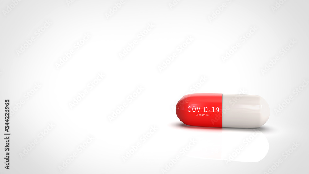 Covid-19 vaccine capsule red-white color include text on the red capsule with 3d rendering. Covid-19 vaccine capsule red-white color include text on the red capsule with 3d rendering.