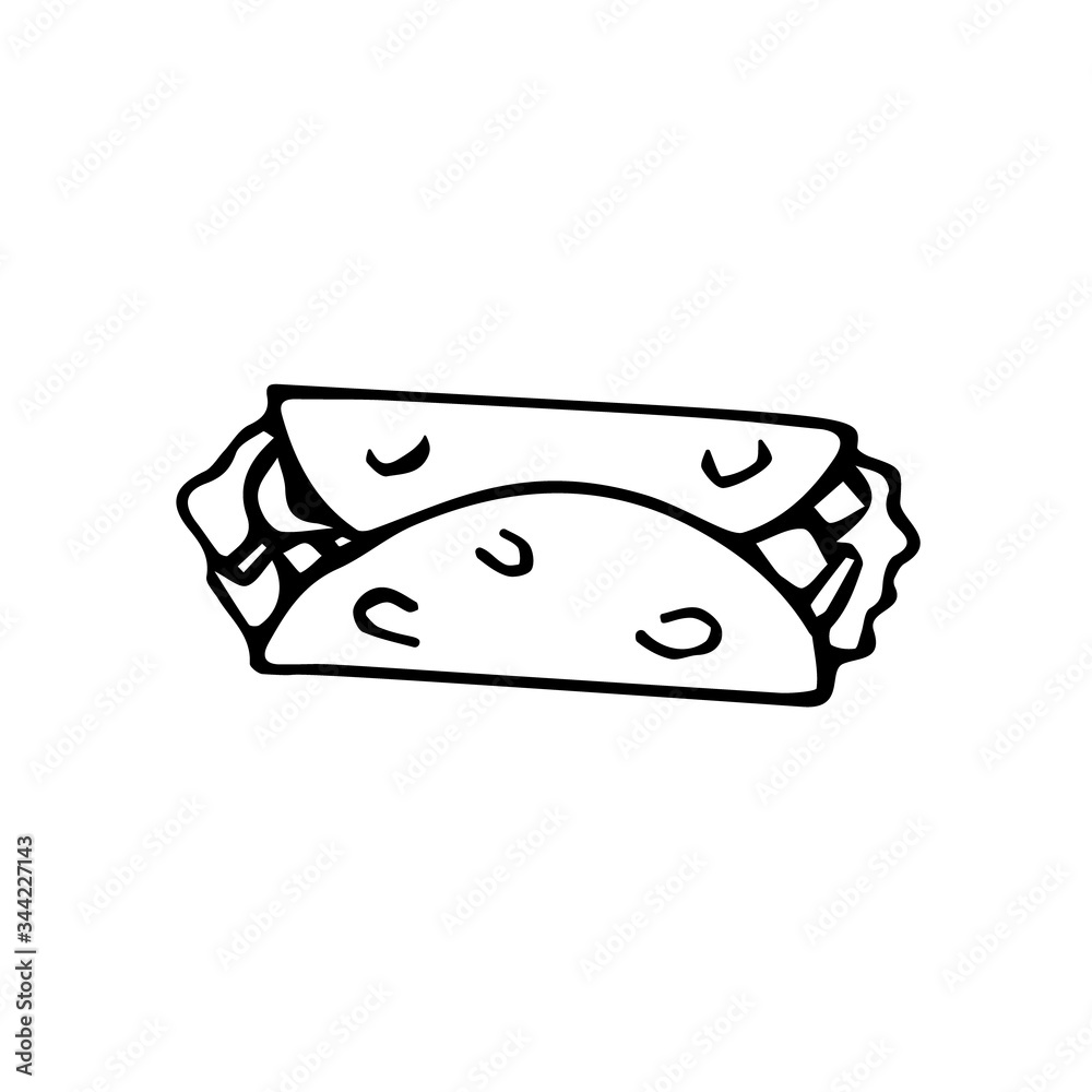 Hand drawn Mexican traditional food burrito icon isolated on white background. Vector illustration for menu, poster, web. Hand drawn Mexican traditional food burrito icon isolated on white background. Vector illustration for menu, poster, web.