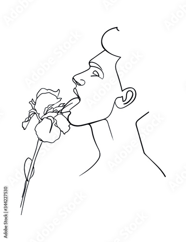 Line drawing. Man tongue licks a iris flower. - Vector illustration