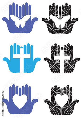 Loving and worship Hands with Cross Heart and butterfly graphic icons