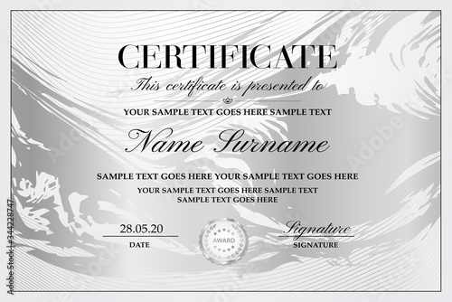 Certificate template with abstract liquid background (marble). Gold design with lines (guilloche pattern) and silver frame useful for Diploma, certificate of appreciation, achievement and any award