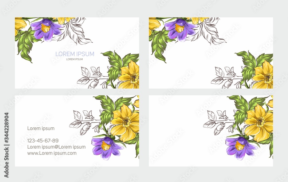 Flowers business card, identity card. black background. wild flowers are yellow and lilac