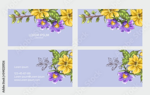 Flowers business card, identity card. black background. wild flowers are yellow and lilac