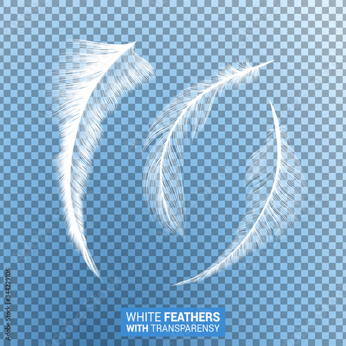Feathers, white fluffy isolated falling plumes with transparent effect on blue background. Realistic 3D goose bird feathers quills with fluff plumage texture, flying and falling abstract shapes design