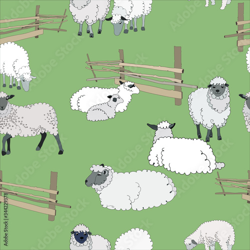 Cute lambs graze on a green meadow. Textile composition, template for design of print, fabric, wallpaper and box.