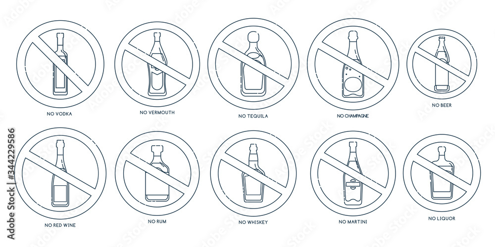 Ban bottle vodka red wine champagne whiskey liquor beer tequila rum martini. No alcohol. Modern thin contour line design concept. Stop symbol icon. Flat outline illustration. Set design element Ban bottle vodka red wine champagne whiskey liquor beer tequila rum martini. No alcohol. Modern thin contour line design concept. Stop symbol icon. Flat outline illustration. Set design element