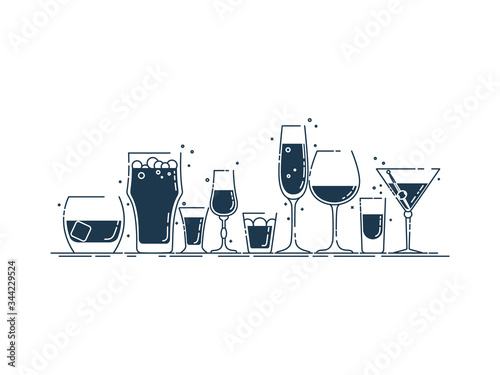 Collection glassware alcoholic drinks. Alcohol glass stand in row. Illustration isolated. Flat design style with black fill. Beer champagne wine whiskey liquor vodka martini whiskey rum tequila
