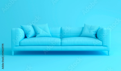 Modern scandinavian blue sofa with soft pillows on blue background with shadow. Creative interior layout. Minimalistic style. Template for advertising, design. Furniture, interior object stylish couch
