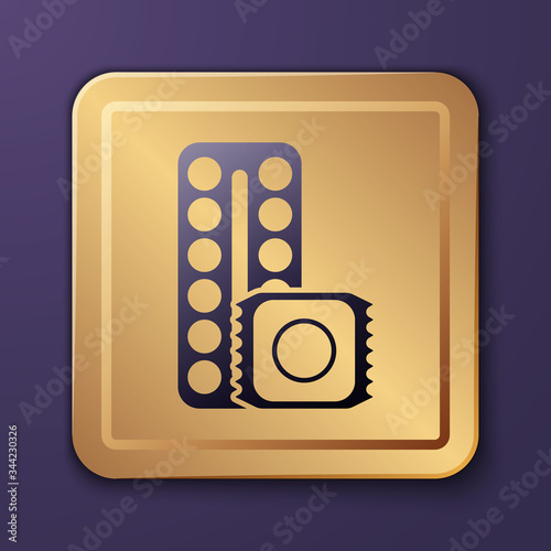 Purple Packaging of birth control pills and condom in package safe sex icon isolated on purple background. Contraceptive pill. Gold square button. Vector Illustration