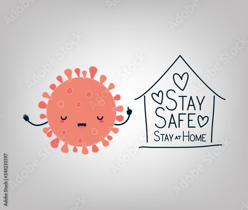 Covid 19 virus cartoon house hearts and stay safe at home text vector design