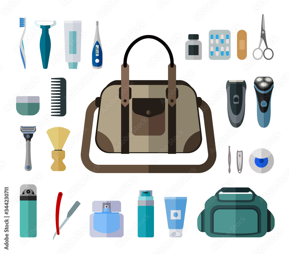 Flat icon set for personal hygiene items for men. Bathroom hygiene set for male. Flat icon set for personal hygiene items for men. Bathroom hygiene set for male.