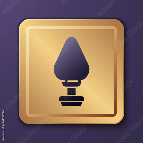 Purple Anal plug icon isolated on purple background. Butt plug sign. Fetish accessory. Sex toy for men and woman. Gold square button. Vector Illustration