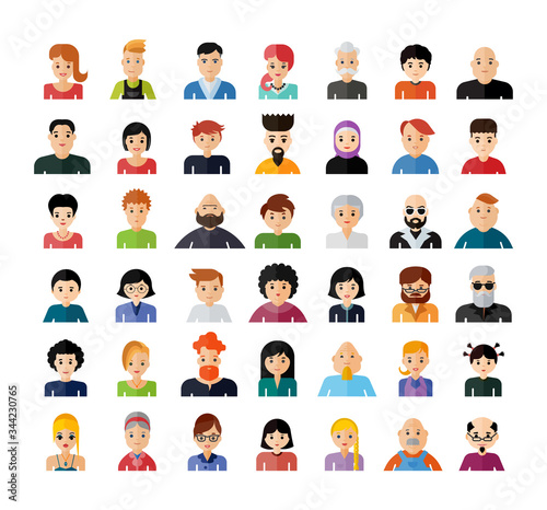 Set of people avatar flat design icons. Collection of avatars related to various types of people face.