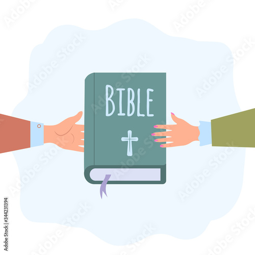 Hand giving a bible. God gives people hope. The Word of God. Christianity. The number of believers is growing. Jesus Christ. Holy places. Bible study concept. Colorful vector