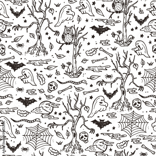 Night Halloween Seamless pattern. Hand Drawn Doodle horror haunted halloween spooky forest