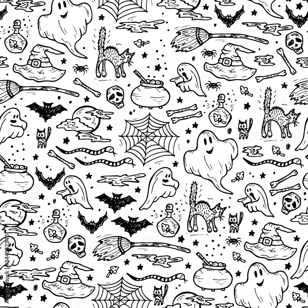 Halloween Seamless pattern. Hand Drawn Doodle various halloween night holiday elements Halloween Seamless pattern. Hand Drawn Doodle various halloween night holiday elements