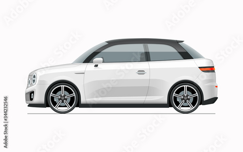 Modern compact city car mockup. Side view of realistic small white noname car isolated on white background.