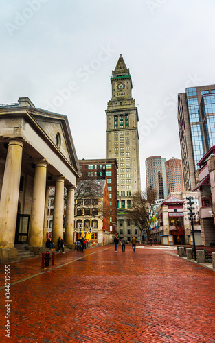 Fototapeta Naklejka Na Ścianę i Meble -  Custom House Tower and Quincy Market at downtown Boston reflex