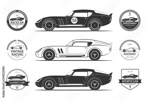 Set of classic sports car silhouettes and vintage car service labels, emblems, logos, badges. Vector illustration
