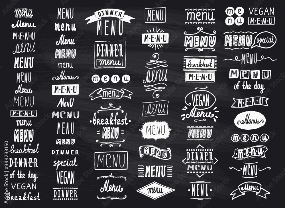 Chalk menu headlines, handwriting lettering graphic set