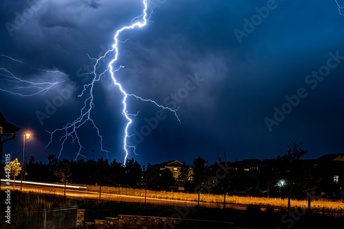 A bolt of lightning strikes the ground in a suburb of the city of Denver.