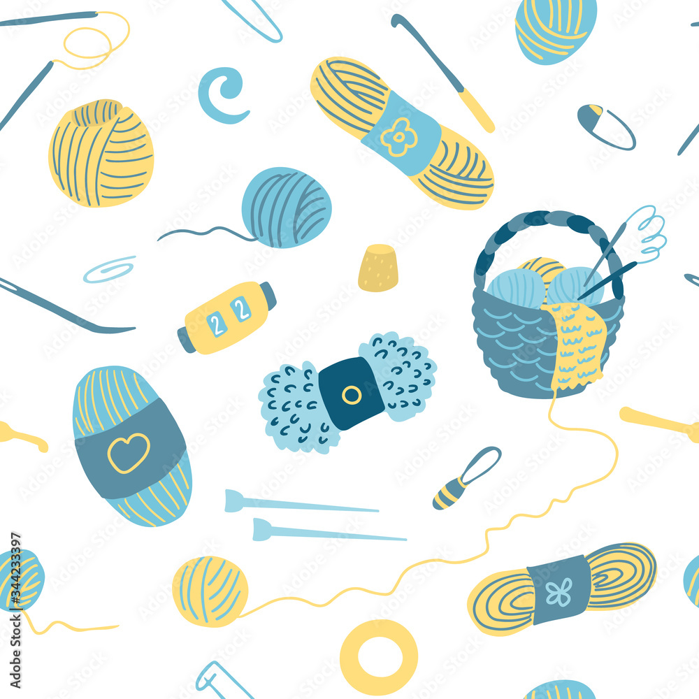 Vector seamless pattern with knitting tools. Wicker basket, ball of wool, yarn, needles, stitch markers, hooks. Illustration on white background. Great for fabrics, wrapping papers, covers. Vector seamless pattern with knitting tools. Wicker basket, ball of wool, yarn, needles, stitch markers, hooks. Illustration on white background. Great for fabrics, wrapping papers, covers.