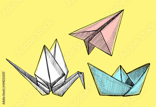 Origami plane, crane and boat - vector graphic illustration