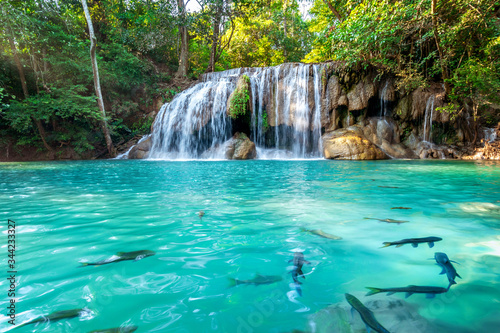Erawan waterfall in Thailand. Beautiful waterfall with emerald pool in nature. © tawatchai1990