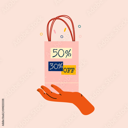 Female hand holding pink paper Shopping or gift Bag. Sale sign. Various percents. Sack for purchases, presents. Hand drawn vector illustration. Shopping, sale concept