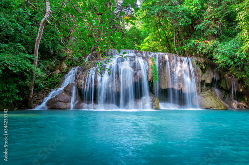 Fototapeta Naklejka Na Ścianę i Meble -  Erawan waterfall in Thailand. Beautiful waterfall with emerald pool in nature.