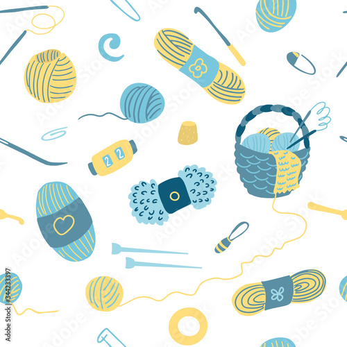 Vector seamless pattern with knitting tools. Wicker basket, ball of wool, yarn, needles, stitch markers, hooks. Illustration on white background. Great for fabrics, wrapping papers, covers.